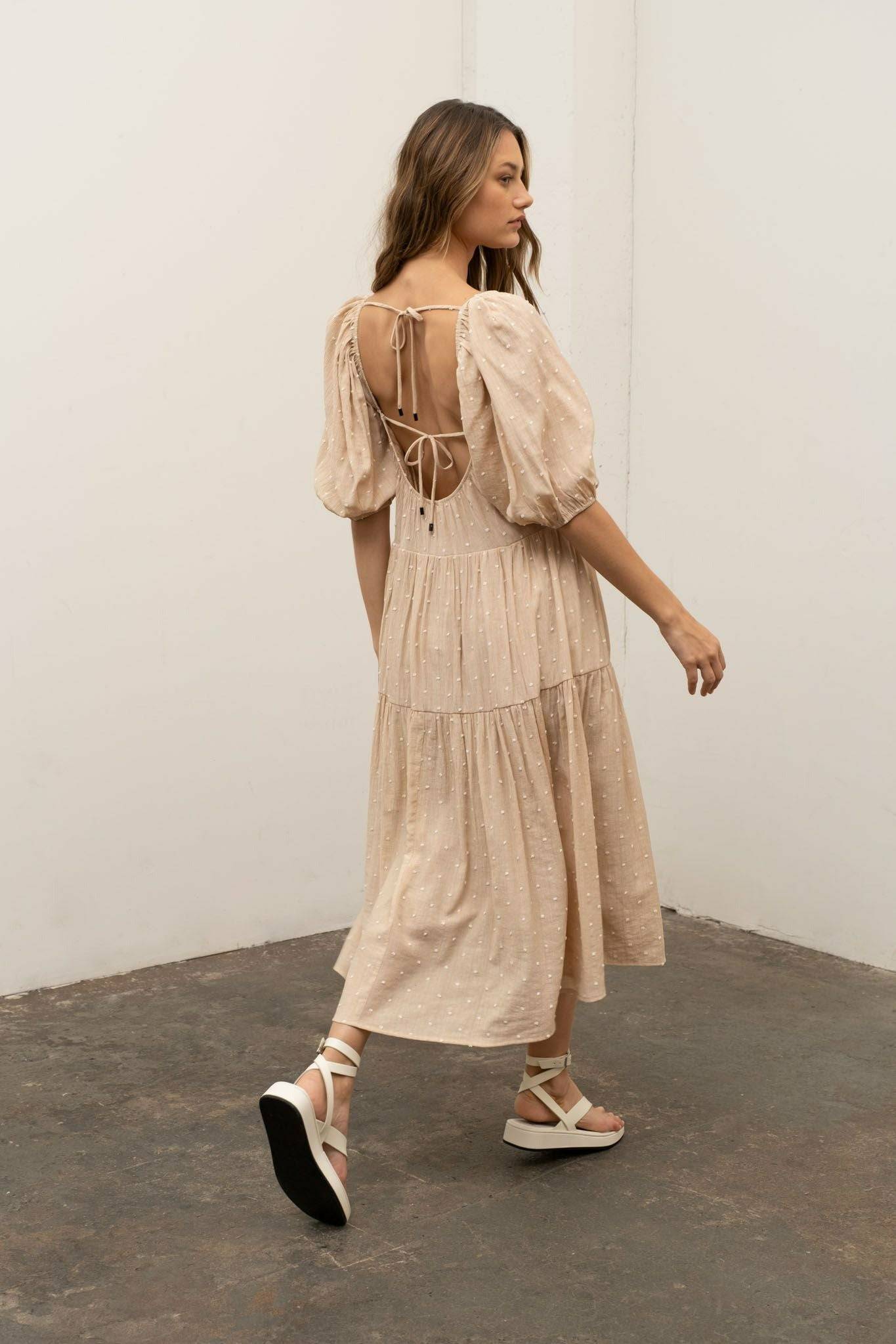 Beige Clip Dot Midi Tiered Dress Beige Clip Dot Midi Tiered Dress
