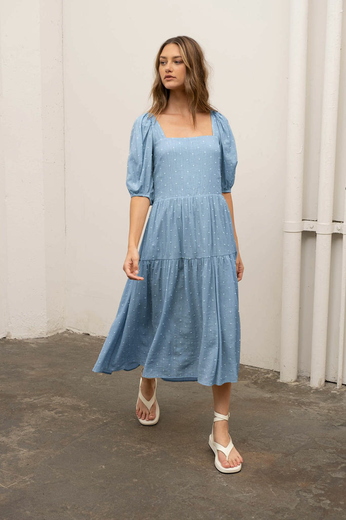 Blue Clip Dot Midi Tiered Dress