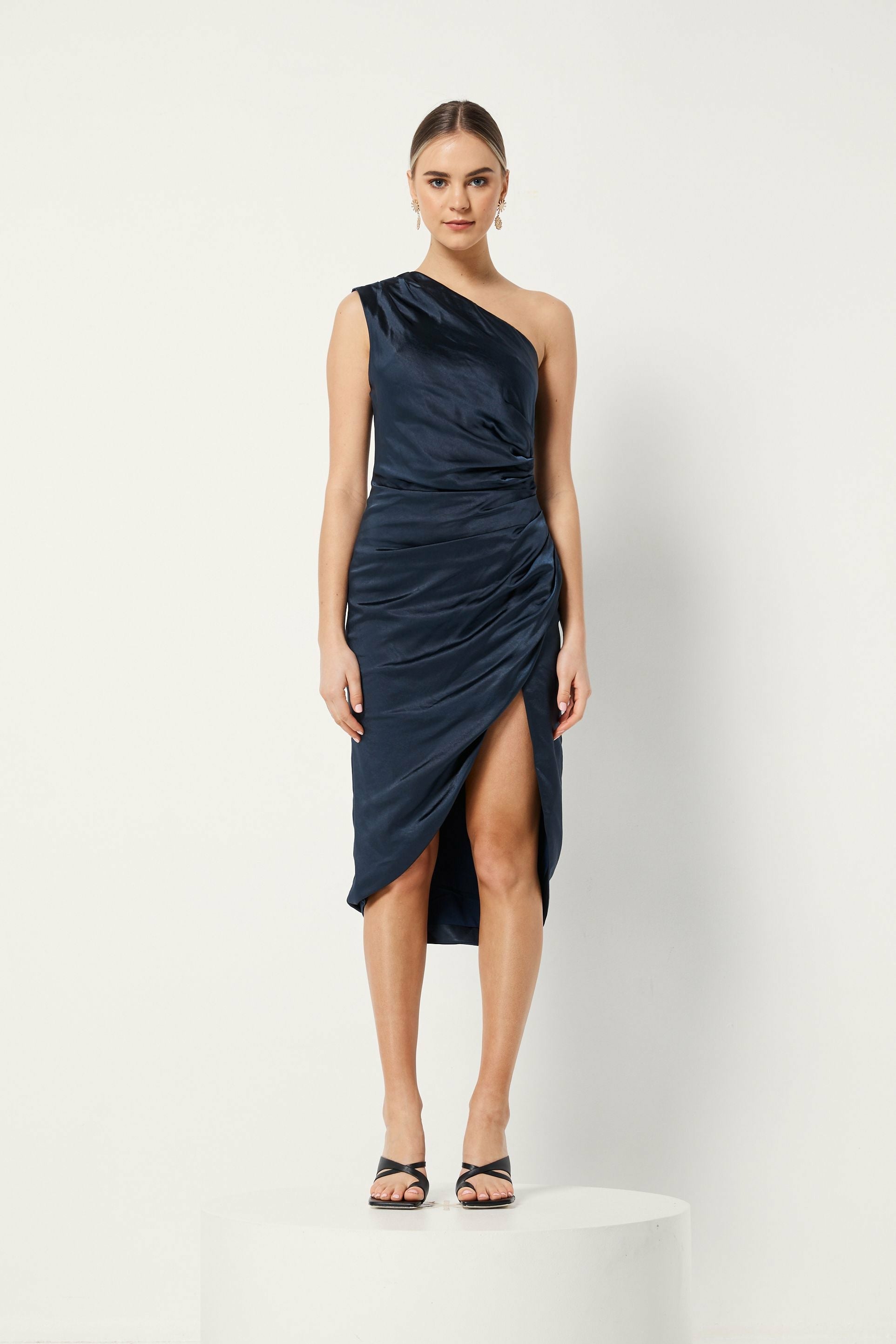 cassini one shoulder dress ELLIATT Cassini Dress Blue Satin One Shoulder Party Formal Elegant S NWT $187