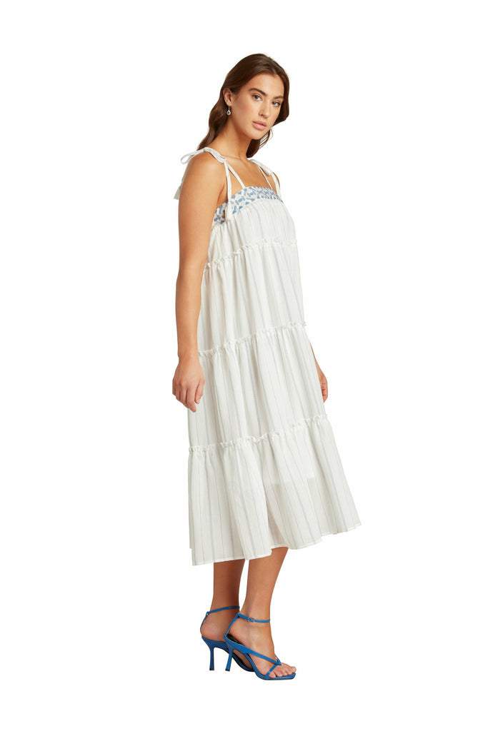 White Tiered Sundress with Blue Bodice Pattern and Tie Sleeve Detai