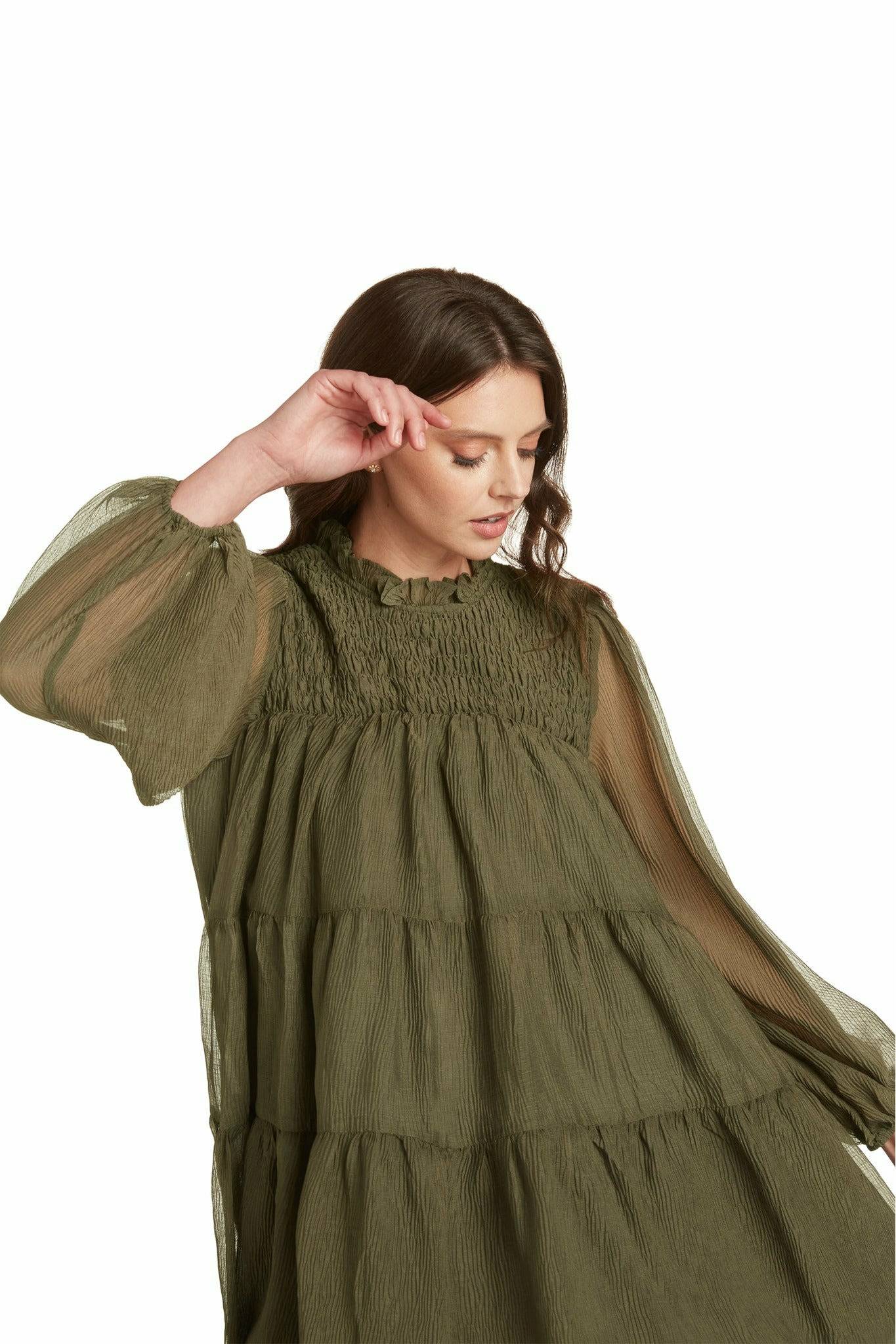 Sheer Olive Green Tiered Dress CHAXA Sheer Olive Green Tiered Dress CHAXA