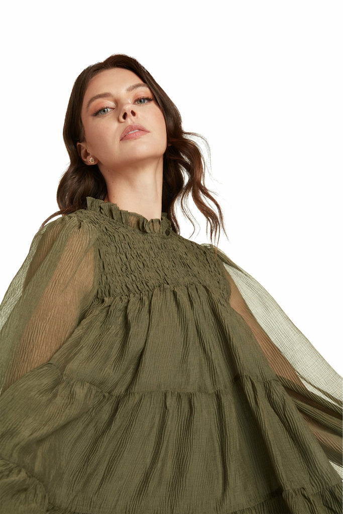 Sheer Olive Green Tiered Dress