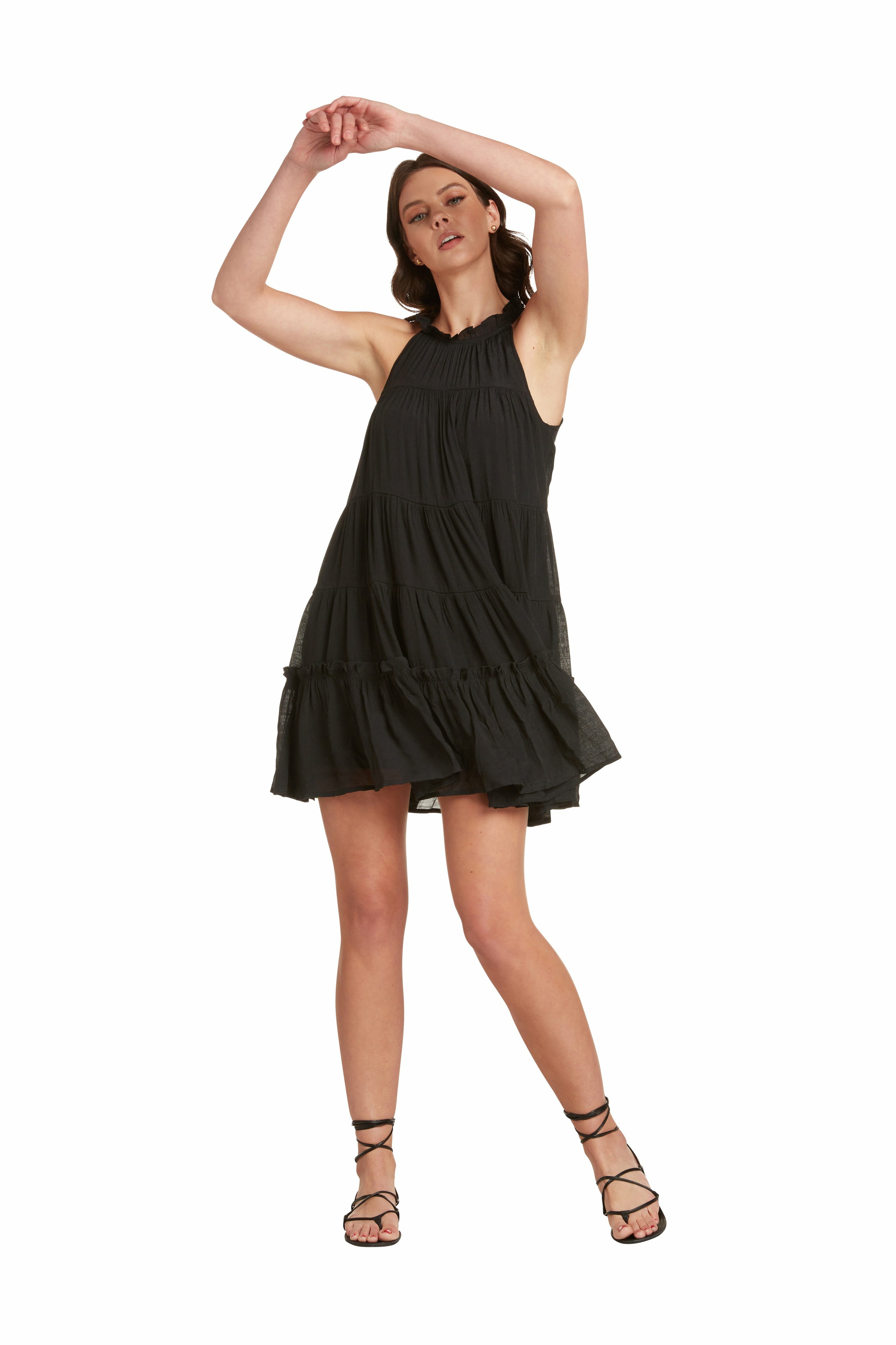 black pleated swing dress INSPIRE CHIC Elegant Pleated Swing Dress for Women's Solid Sleeveless V-Neck Long Sleeve Wear to Work Black L, Size: XS